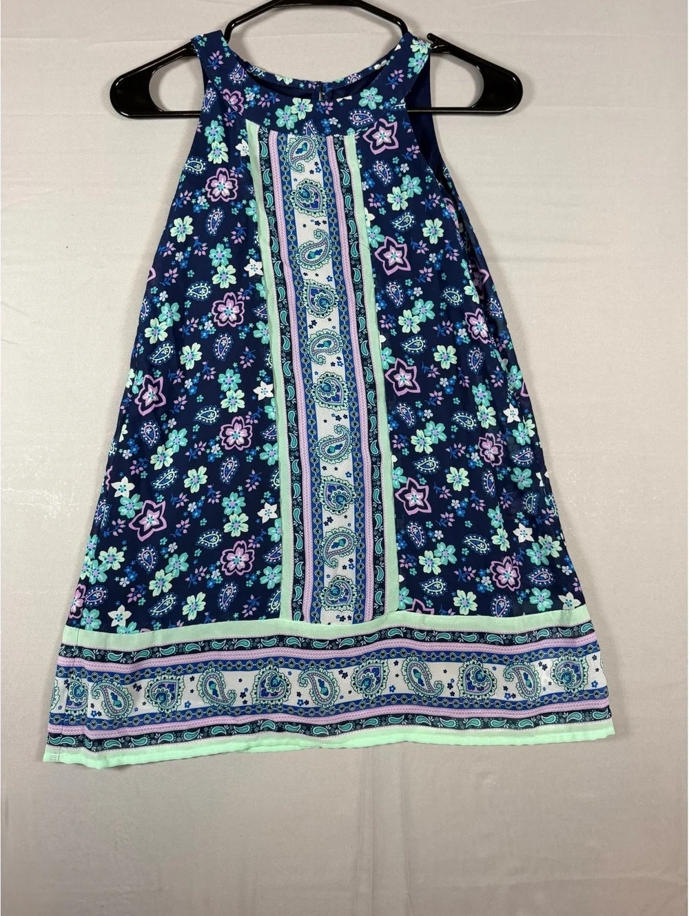 Wonder Nation Girls' Navy Blue Floral and Paisley Print Sleeveless Dress, Size M